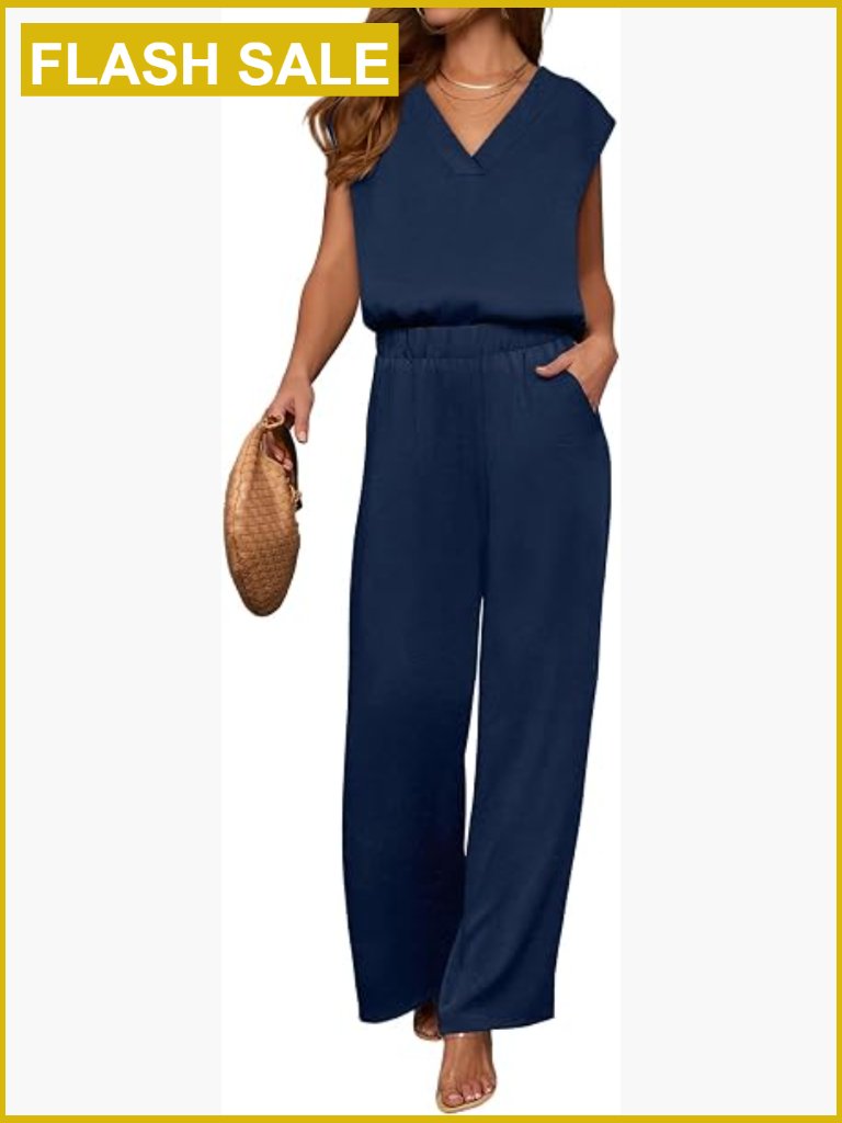 Women's 2 Piece V-Neck Top & Wide Leg Pants Loungewear Set
